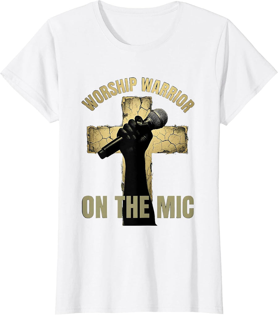 Women's Worship Warrior Microphone Religious Graphic Design T-Shirt - White