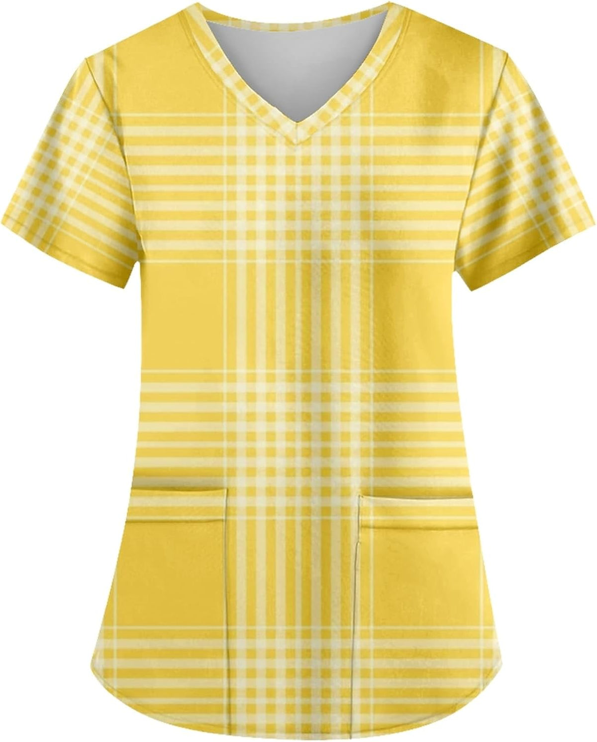 AMOMA Women's V-Neck Checkered Argyle Plaid Print Nurse Tops Short Sleeve Scrub Shirts with Two Pockets - Yellow Plaid