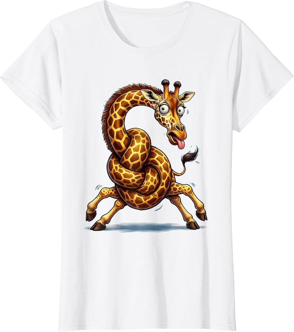 Women's Derpy Giraffe Tangled Neck Funny Animal Art T-Shirt - White