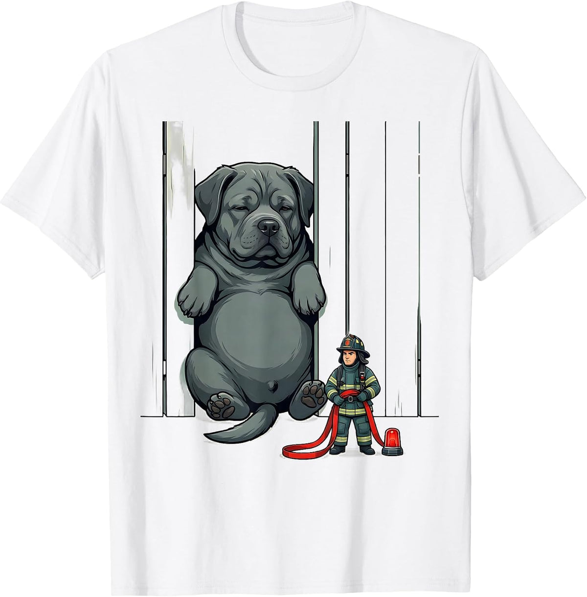 Men's Dog In Fence Firefighter Rescue Humor Novelty T-Shirt - White