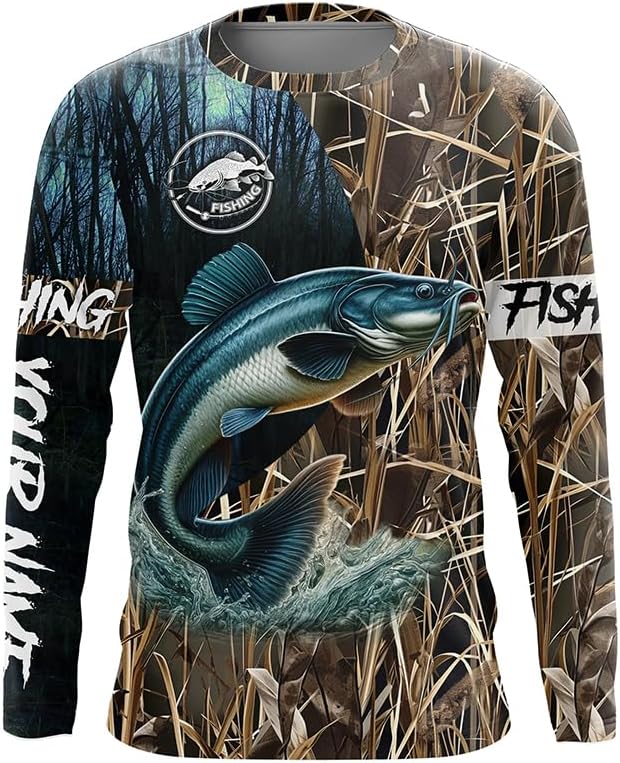 Catfish Fishing Camo Performance Fishing Shirt UV Protection Custom Name Long Sleeves Fishing Shirt - Long Sleeves Upf