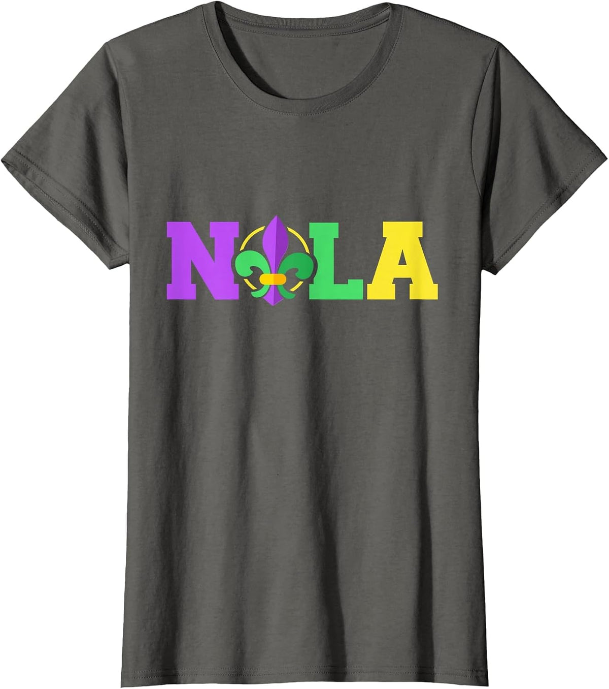 New Orleans Nola in Mardi Gras Colors and Fleur de lis T-Shirt - Asphalt Grey