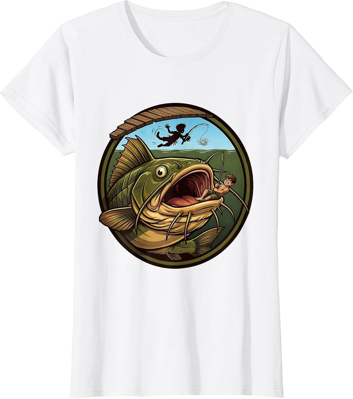 Giant Catfish Drags Kid Off Pier Fishing Graphic T-Shirt - White