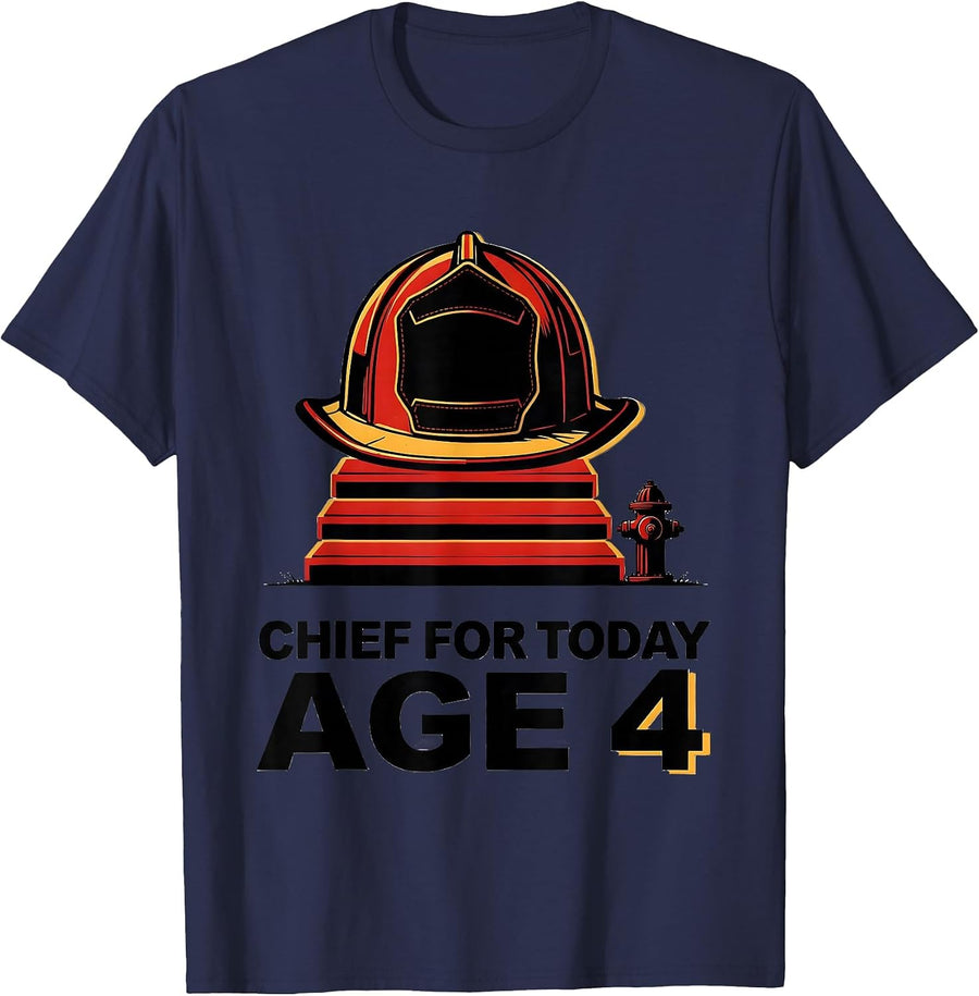 Chief For Today Age 4 Firefighter Birthday Boy Toddler T-Shirt - Navy Blue