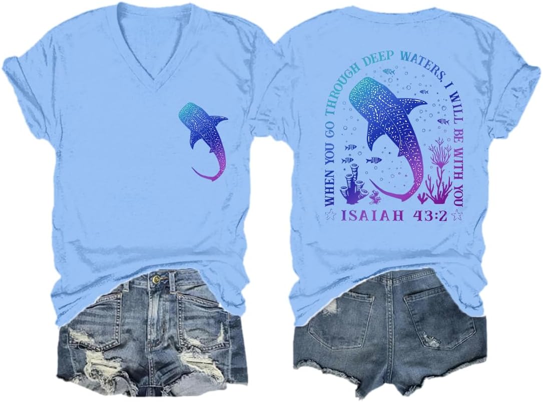 Christian Whale Shark T Shirt Women Ocean Animal Lover Faith Graphic Tee Sea Life Short Sleeve Top - V-Neck Carolina Blue-v2