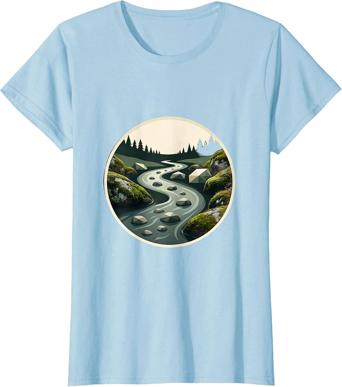 Women's Creek Winding Through Mossy River Stones T-Shirt - Baby Blue