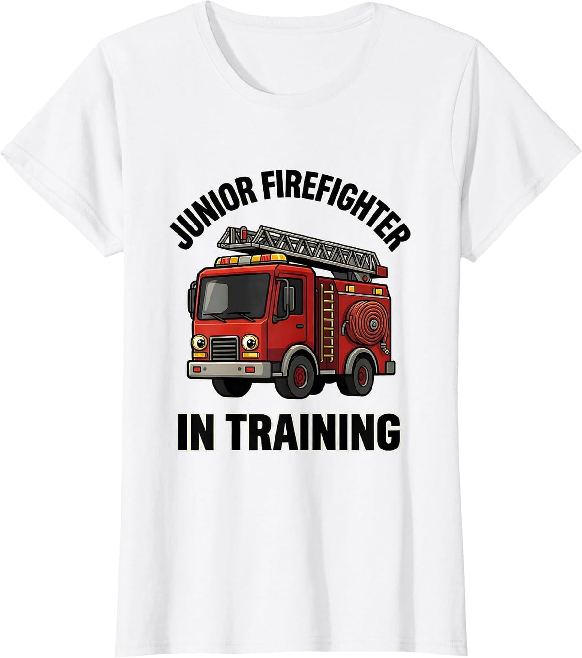 Women's Junior Firefighter In Training Bold Cartoon Fire Truck Kids T-Shirt - White