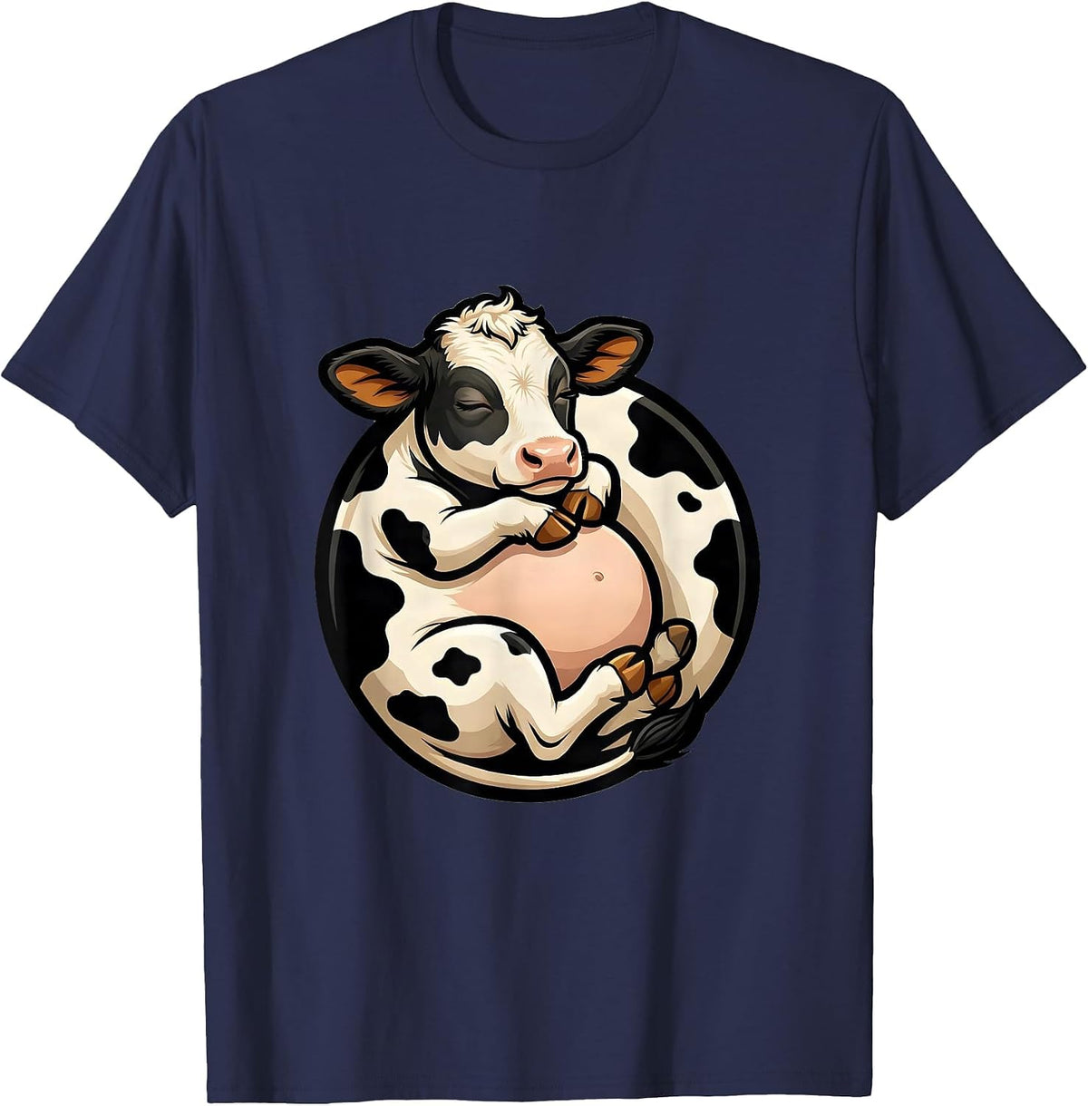 Men's Sleeping Baby Cow Cute Cow Print Graphic T-Shirt - Navy Blue