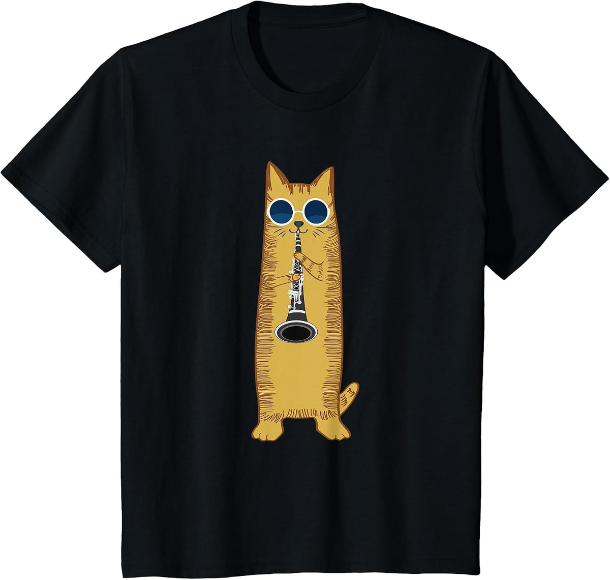 Cool Cat Playing The Clarinet Design Hippy Hipster Kitty T-Shirt - Black