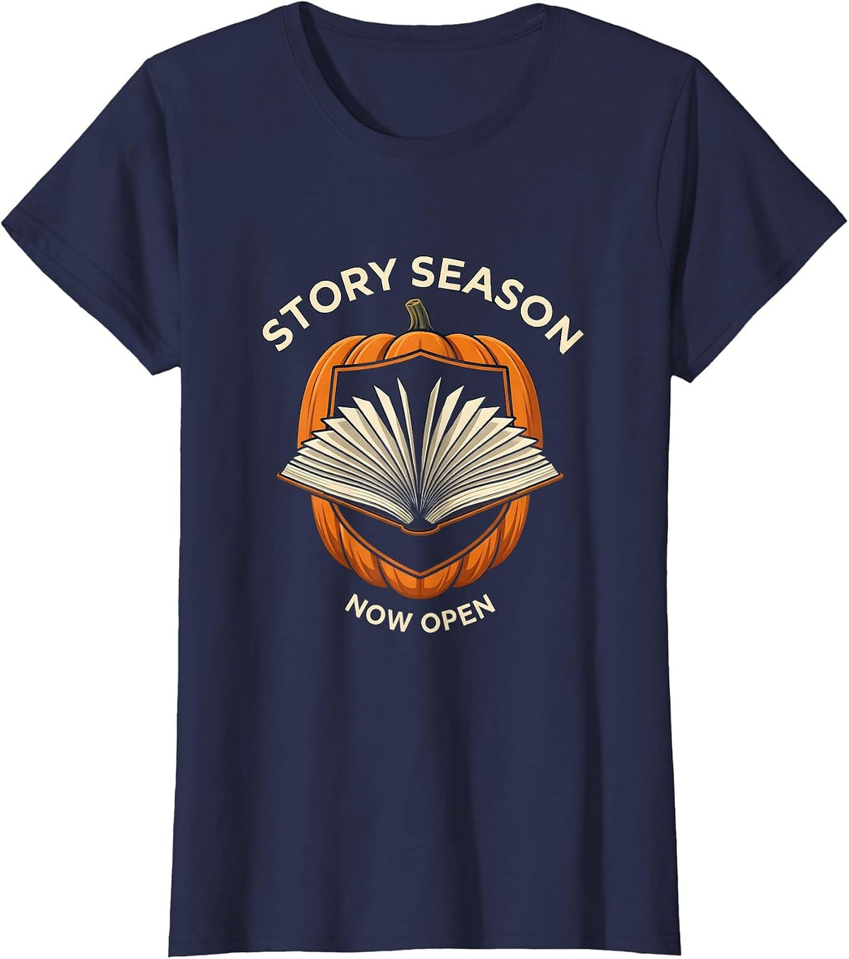 Women's Story Season Now Open Whimsical Teacher Reading Love Autumn T-Shirt - Navy Blue