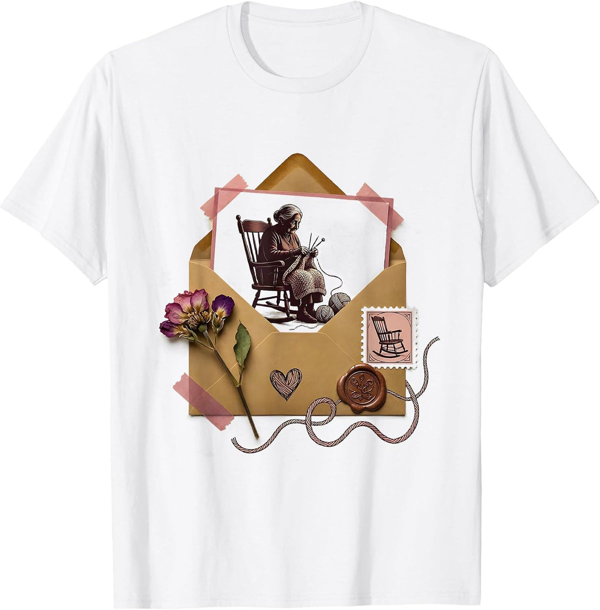 Men's Grandma Knitting in Rocking Chair Illustration T-Shirt - White