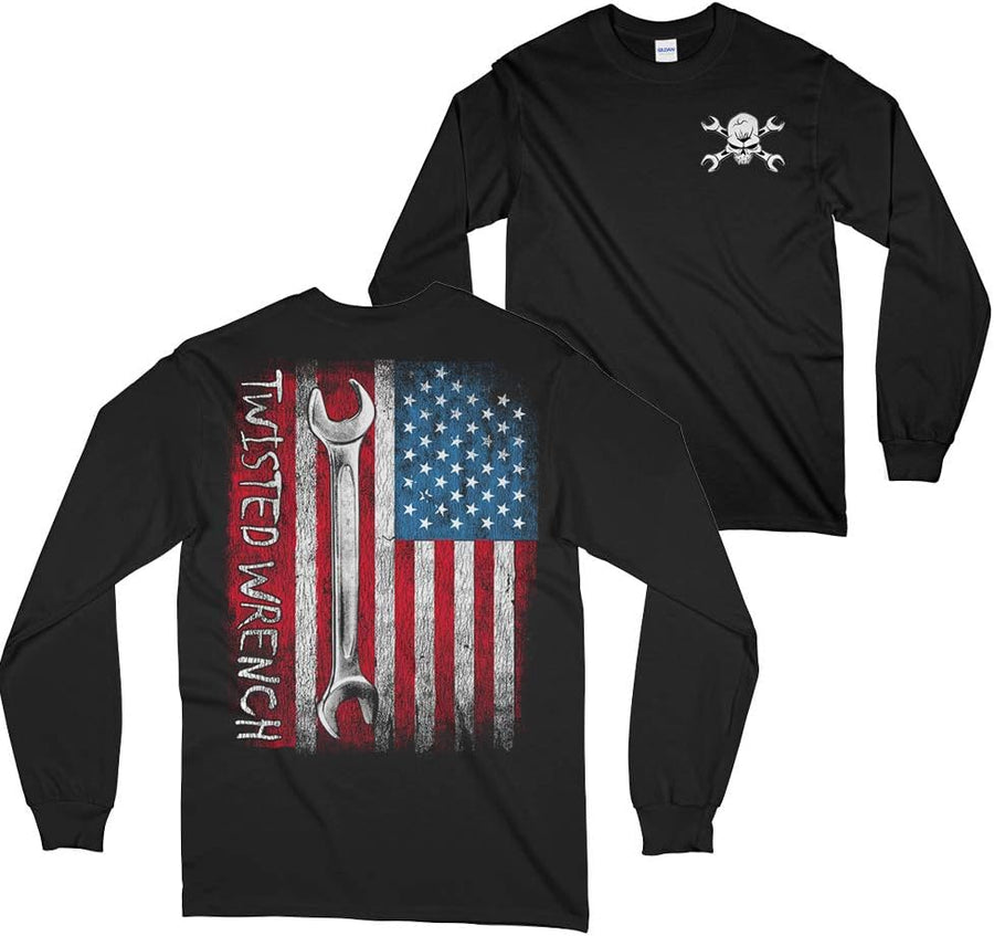 Aggressive Thread Mechanic T-Shirt with American Flag and Wrench - Black