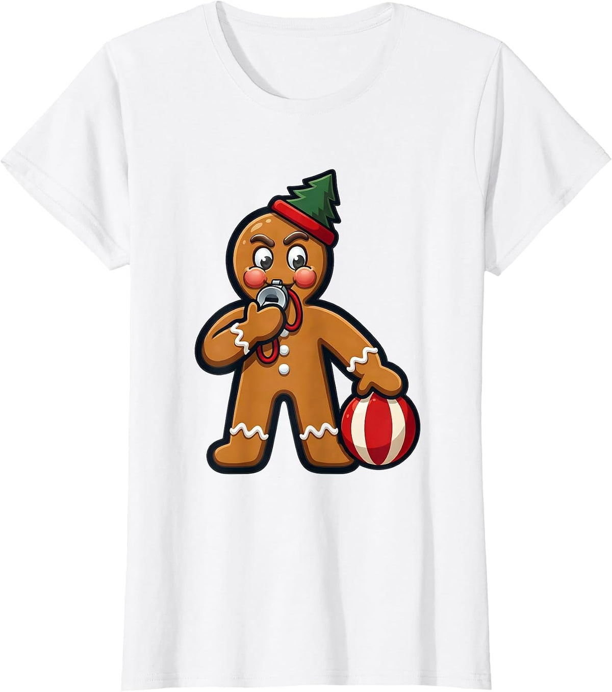 Gingerbread PE Teacher Mascot Cheerful Festive Holiday T-Shirt - White