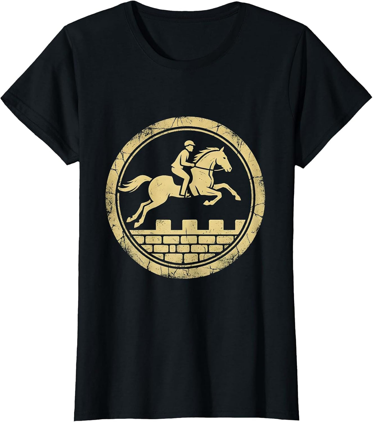 Women's Horse and Rider Leaping Over Stone Wall T-Shirt - Black