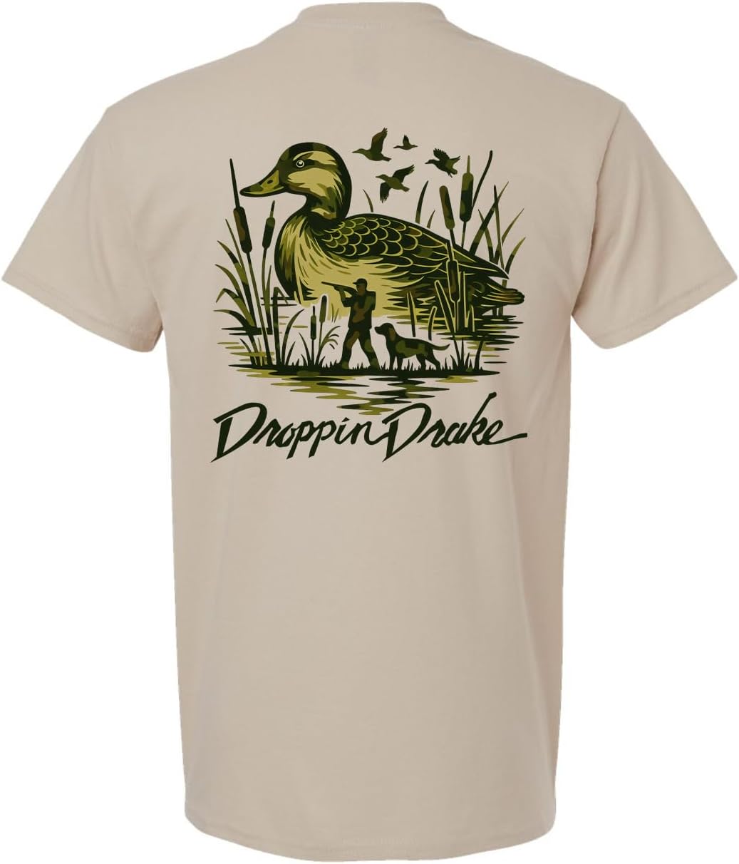 Southern Apparel Men's Duck Hunting T-Shirt - Camouflage Labrador Retriever with Hunter and Duck Graphic Tee - Sand
