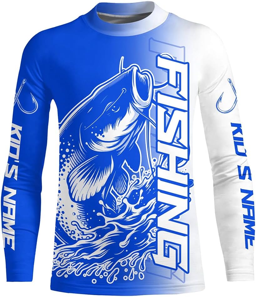 Custom Catfish Fishing Long Sleeve Tournament Shirts, Catfish Fishing Jerseys Fishing Gifts | Blue - Kid Long Sleeves Upf