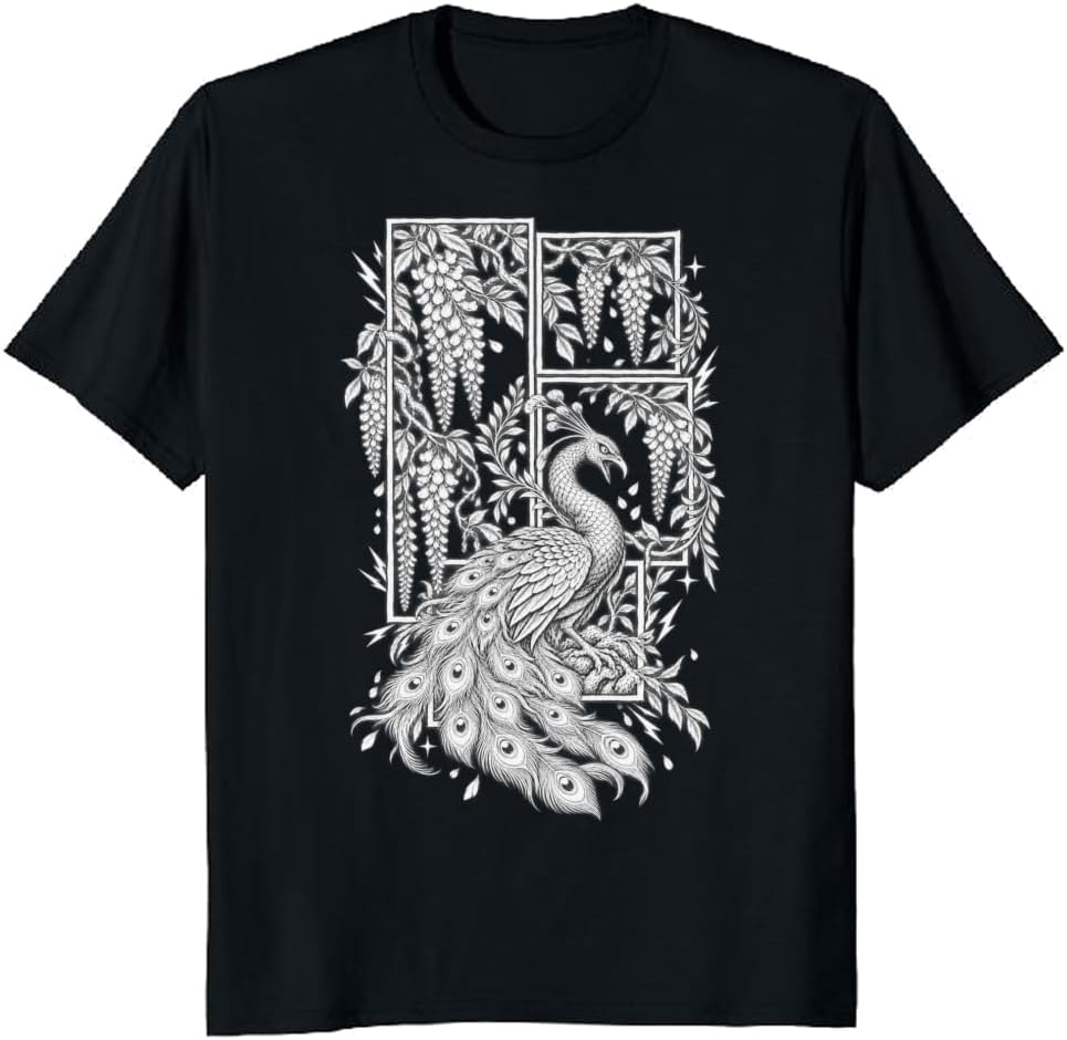 Peacock Floral T-Shirt Wisteria Laurel Vintage Art Lover Tee - S3