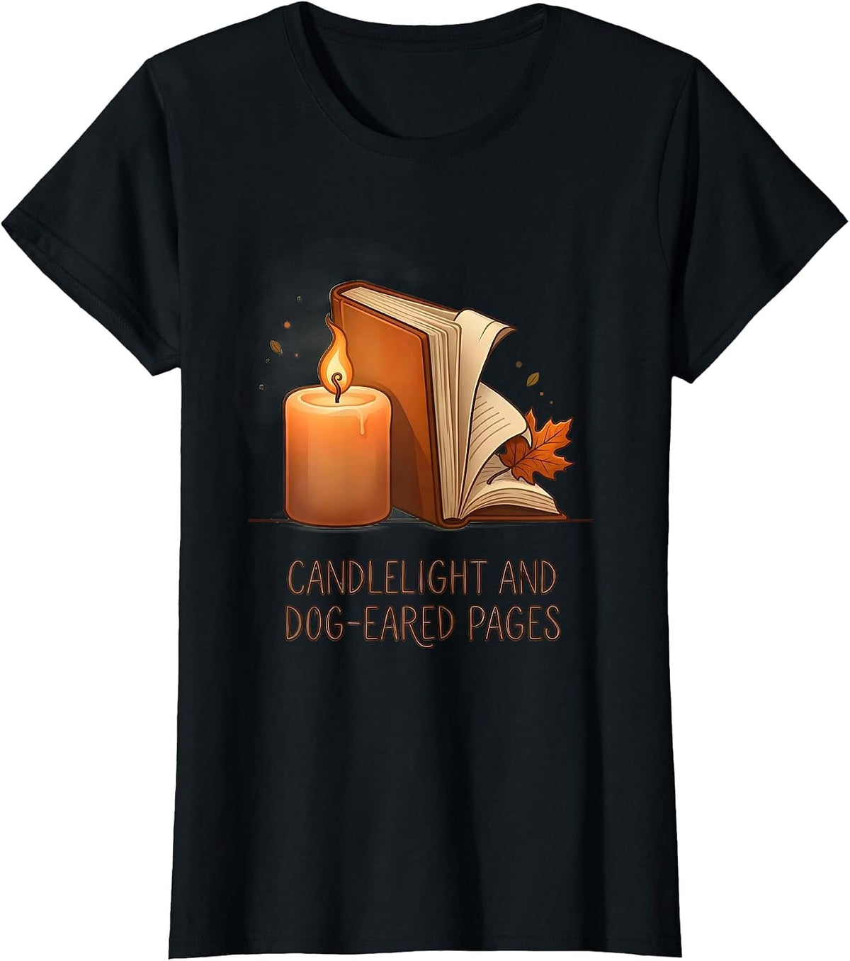 Candlelight And Dog-Eared Pages Cozy Fall Reading Teacher T-Shirt - Black