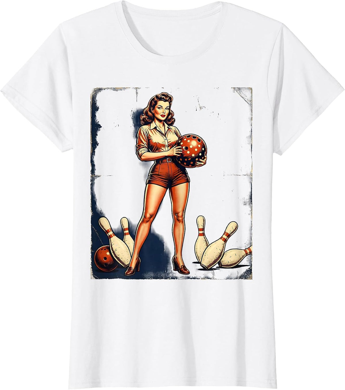 Women's Vintage Pin-Up Bowling Illustration Graphic Tee T-Shirt - White