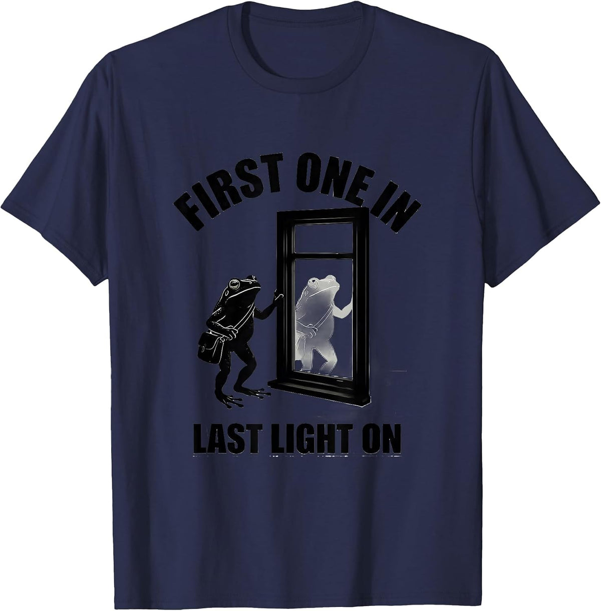 Men's First One In, Last Light On Funny Teacher Frog Back T-Shirt - Navy Blue