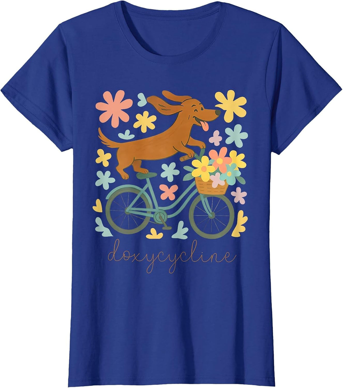 Doxycycline Pharmacy Pun Funny Dachshund on Bicycle Flower T-Shirt - Royal Blue