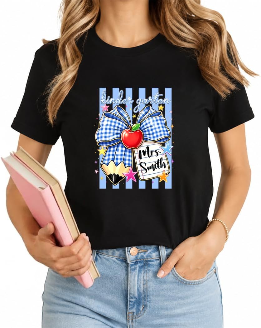 Personalized Teacher Shirt Kindergarten Teacher Gift Custom Tee for Women - Blue Bow