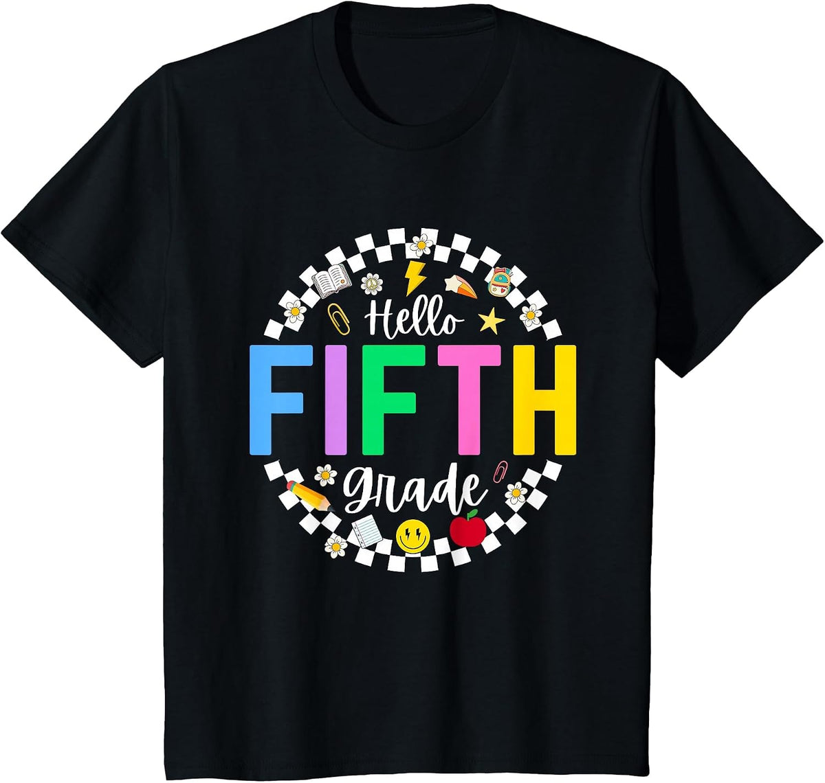 Hello 5th Fifth Grade Back to School Teacher Checkered T-Shirt - Black