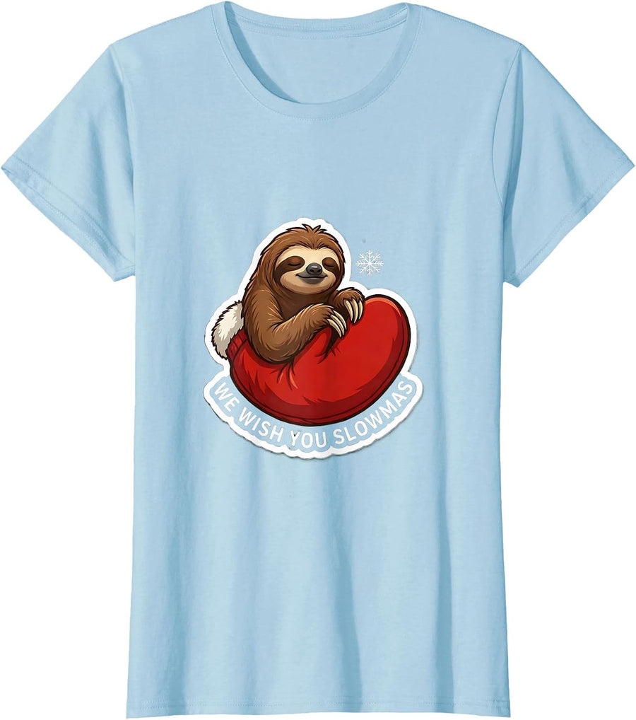 Women's We Wish You Slowmas Funny Sloth Lover Christmas Ugly Sweater T-Shirt - Baby Blue