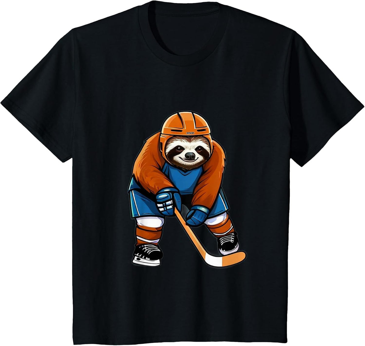 Sloth Playing Hockey Funny Sloth Hockey Player with Stick T-Shirt - Black