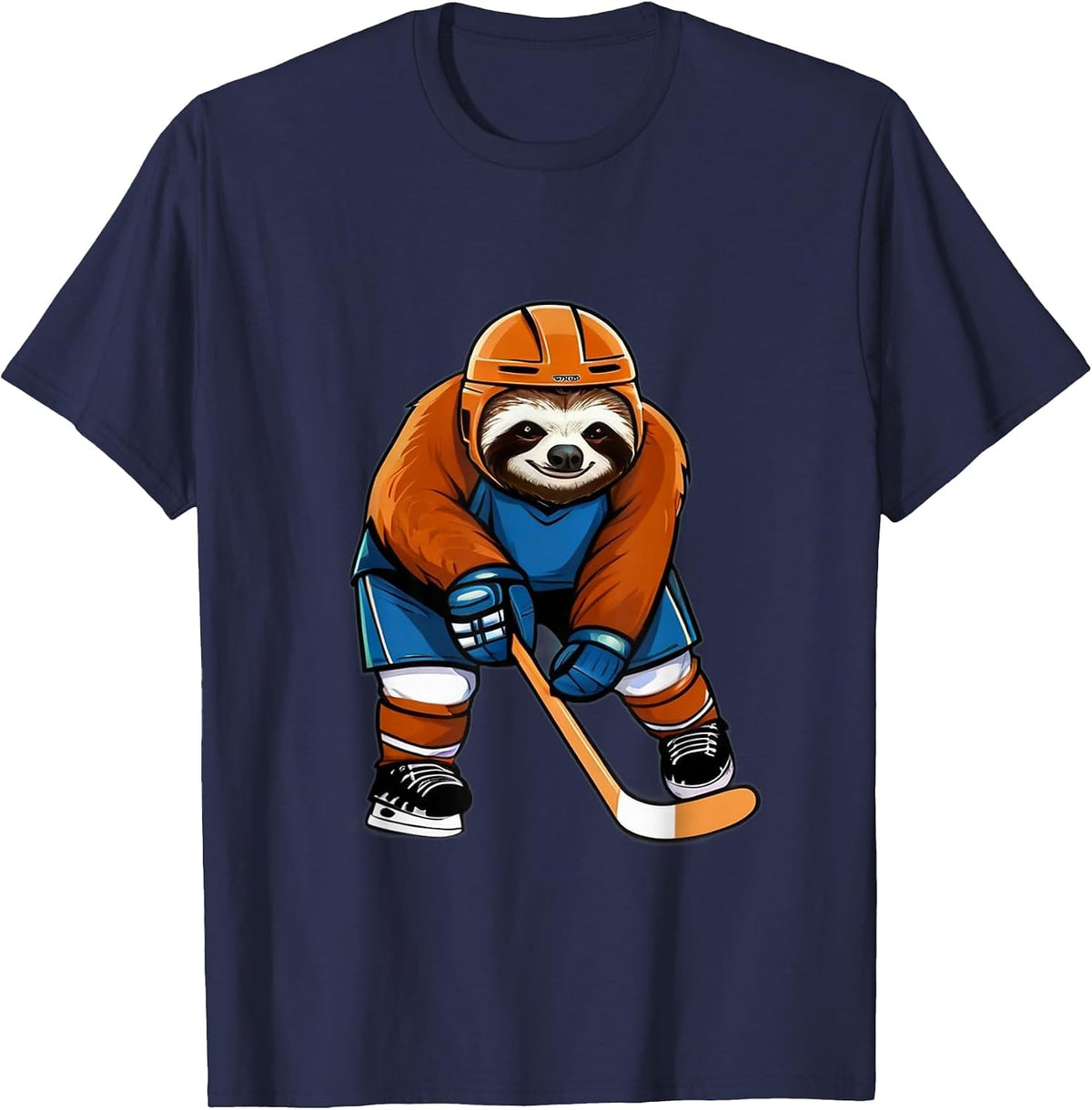 Sloth Playing Hockey Funny Sloth Hockey Player with Stick T-Shirt - Navy Blue
