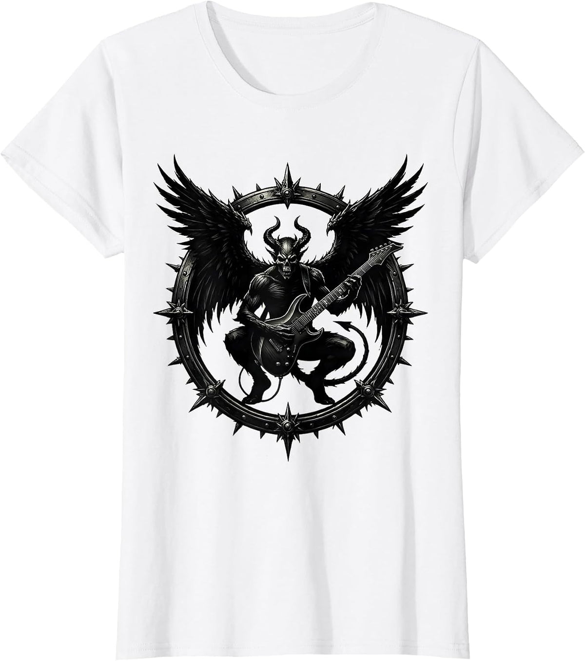 Women's Winged Demon Guitarist Heavy Metal Rock Illustration T-Shirt - White