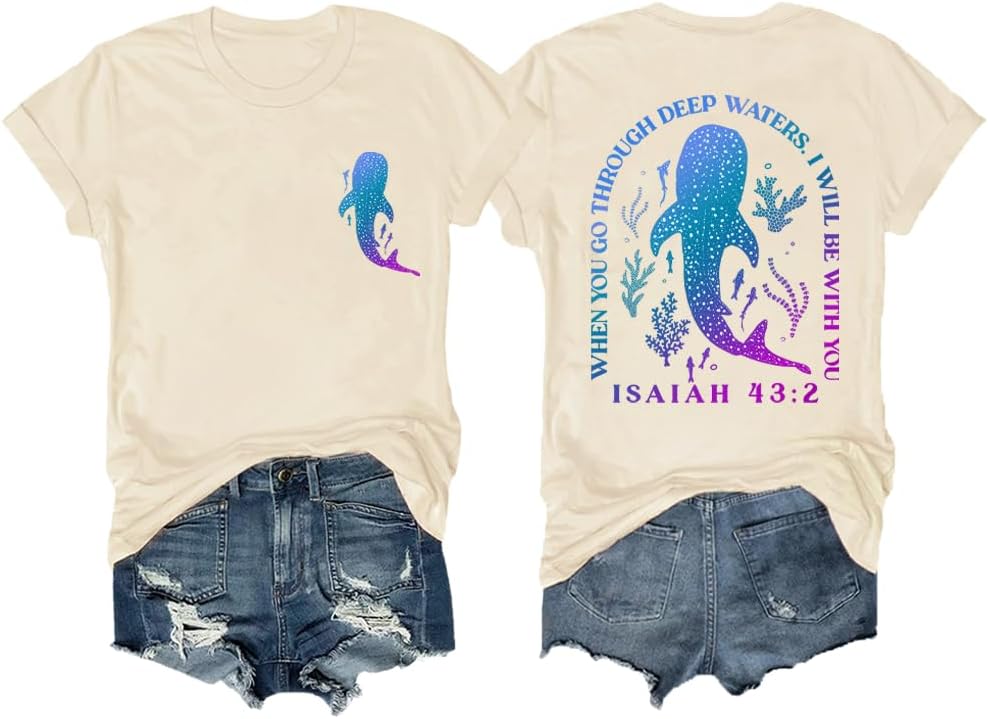 Christian Whale Shark T Shirt Women Ocean Animal Lover Faith Graphic Tee Sea Life Short Sleeve Top - Crewneck Creamy Yellow-1