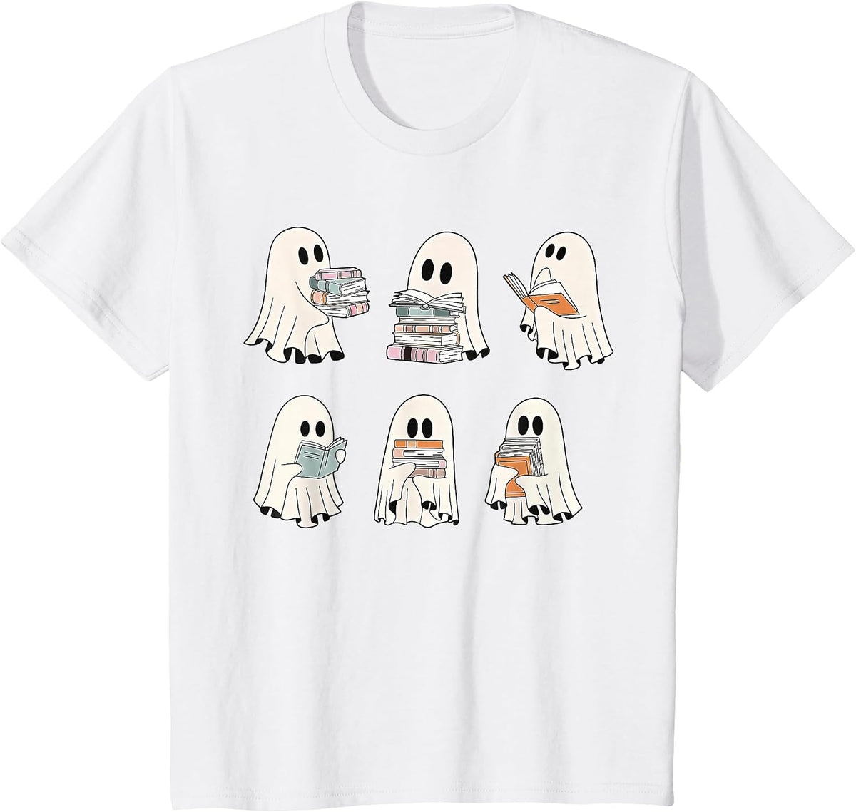Retro Ghost Reading Books, Halloween Bookish Ghost Bookworm T-Shirt - White