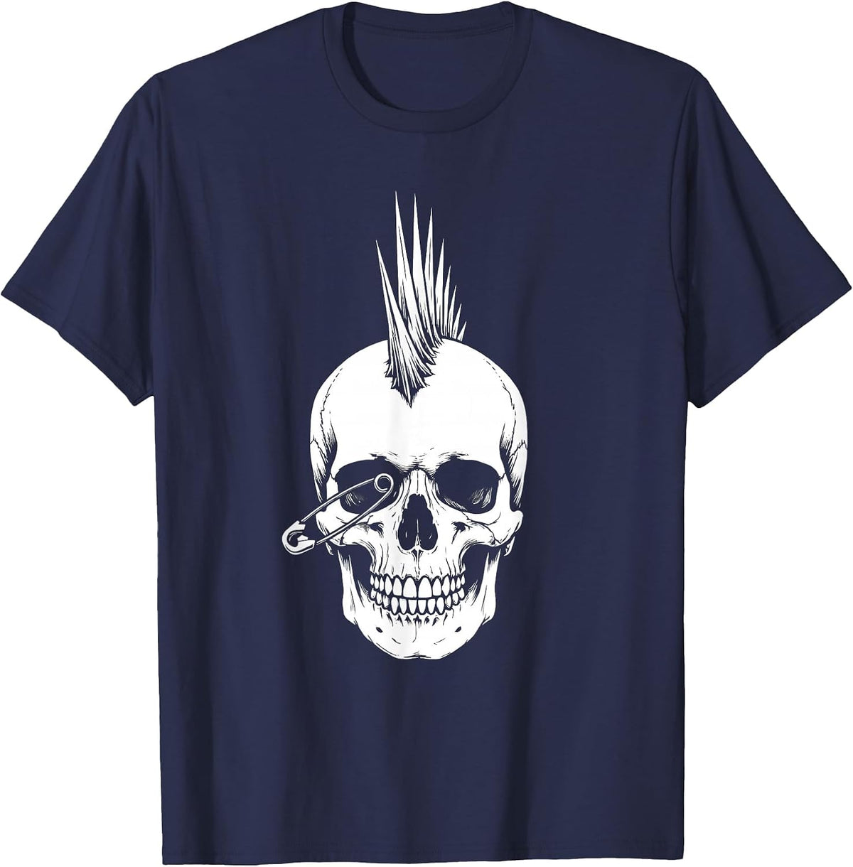 Mohawk Skull Safety Pin Punk Rock Graphic T-Shirt - Navy Blue