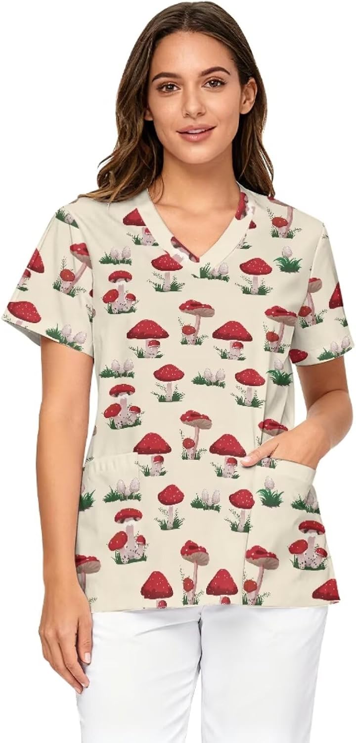PinUp Angel Unique Graphic Scrub Tops Women's V-Neck Short Sleeve Workwear for Nursing and Clinical Tasks - Red Mushroom