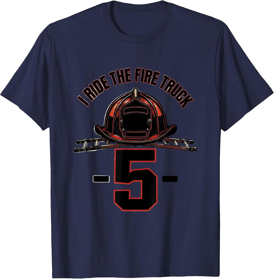 I Ride The Fire Truck — 5 Kids Firefighter Birthday Toddler T-Shirt - Navy Blue
