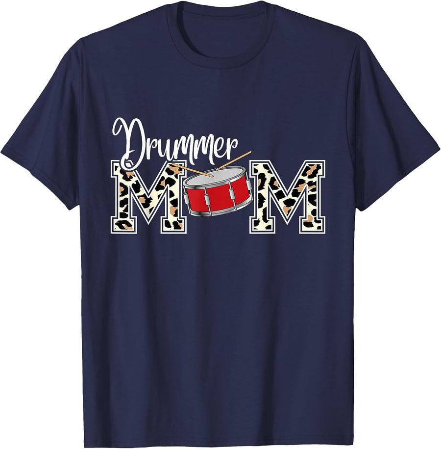Drummer Mom Leopard Print Proud Drummer Mom Musical T-Shirt - Navy Blue