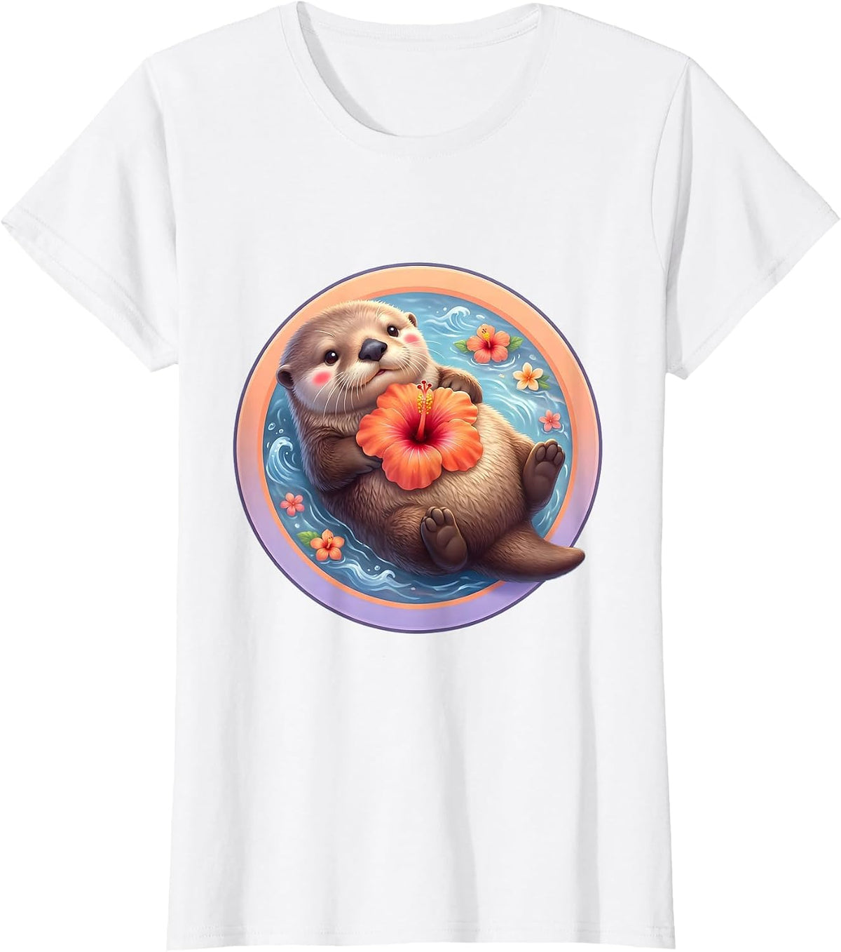 Hawaiian Sea Otter Floating With Flower Illustration T-Shirt - White