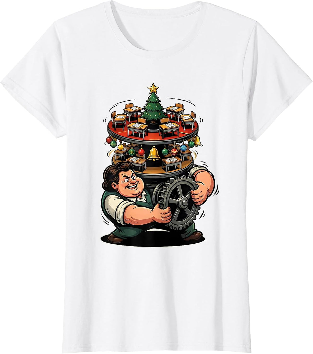 Women's Cartoon Teacher Christmas Music Box Classroom Humor T-Shirt - White