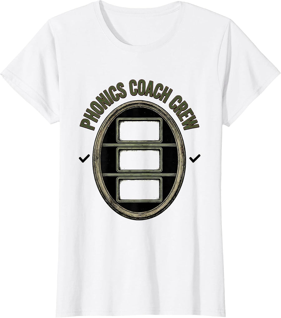 Women's Phonics Coach Crew Vintage Reading Teacher Literacy Squad T-Shirt - White