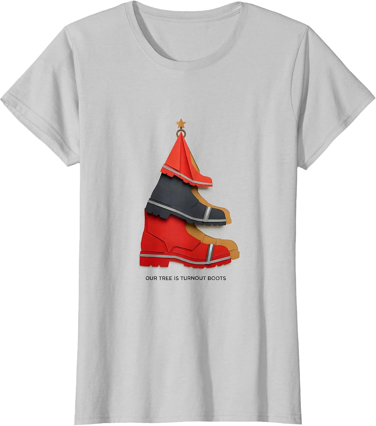 Our Tree Is Turnout Boots Funny Firefighter Tribute T-Shirt - Silver Grey