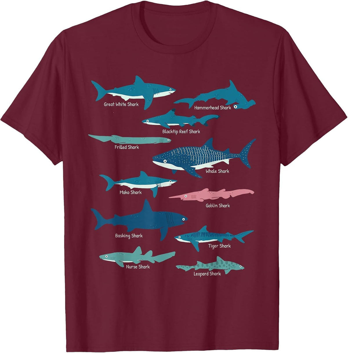 Types of Sharks Educational Collection Marine Biologists T-Shirt - Burgundy