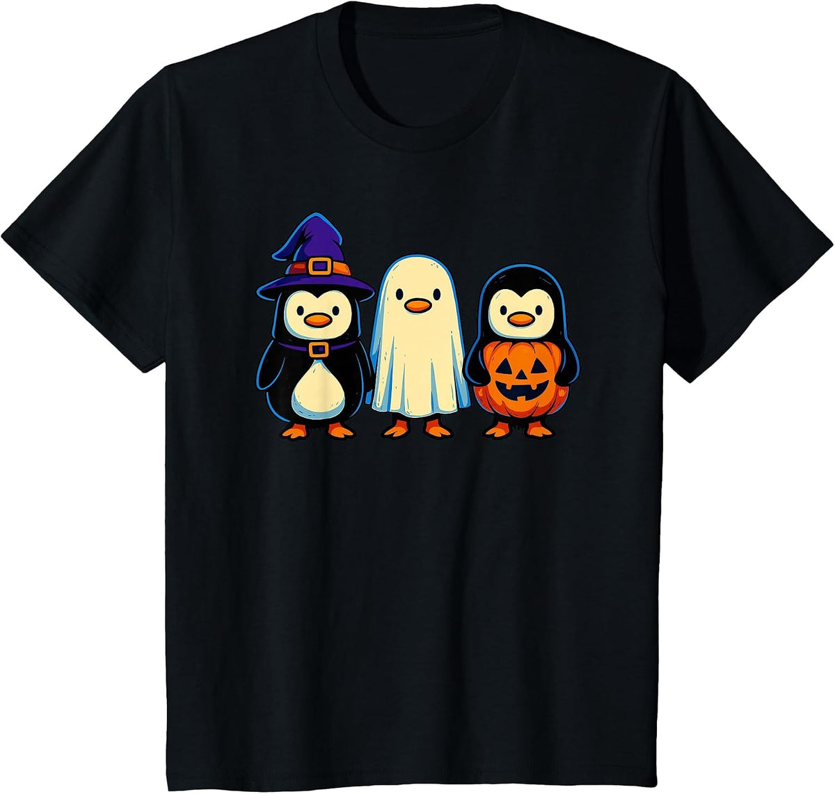 Penguin Witch Ghost Pumpkin Men Women Kids Funny Halloween T-Shirt - Black