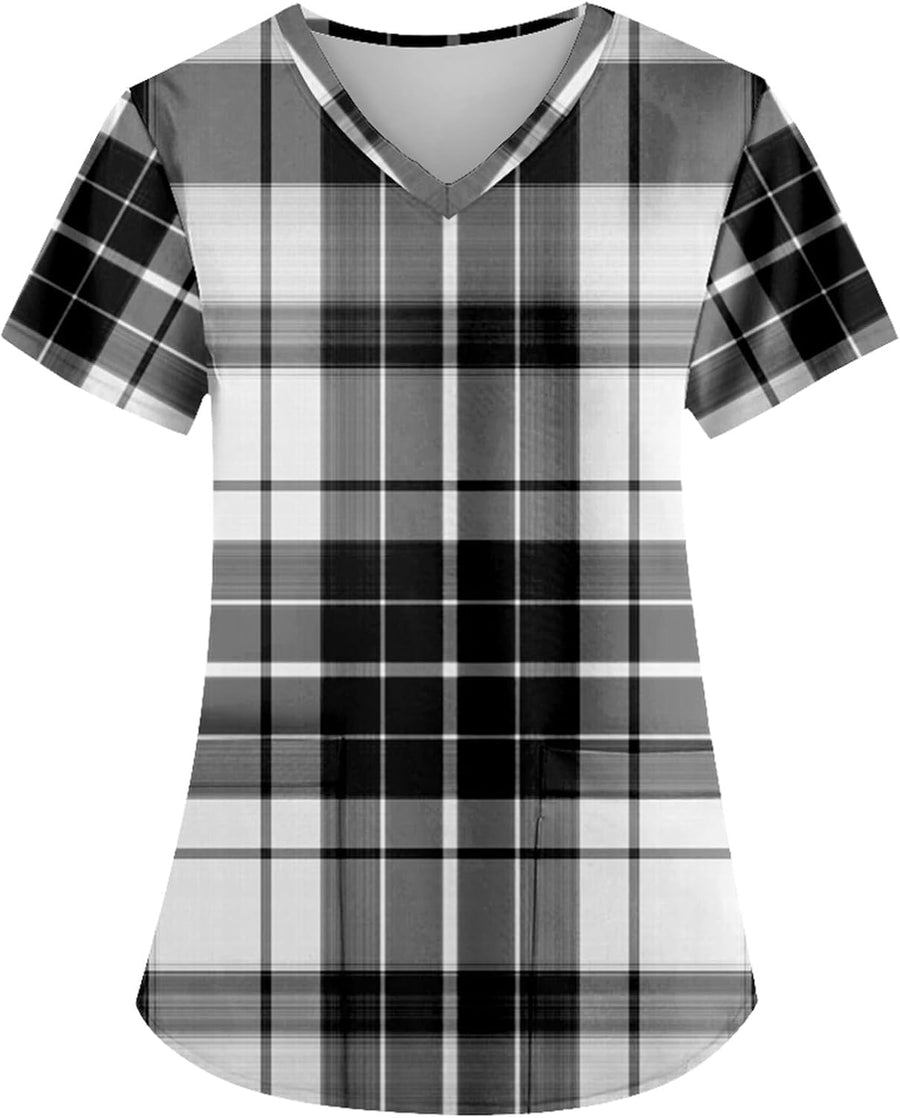AMOMA Women's V-Neck Checkered Argyle Plaid Print Nurse Tops Short Sleeve Scrub Shirts with Two Pockets - Black White Plaid
