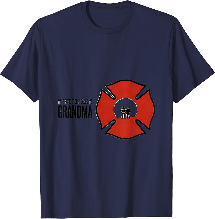 My Firefighter Calls Me Grandma Thin Red Line Family Tribute T-Shirt - Navy Blue