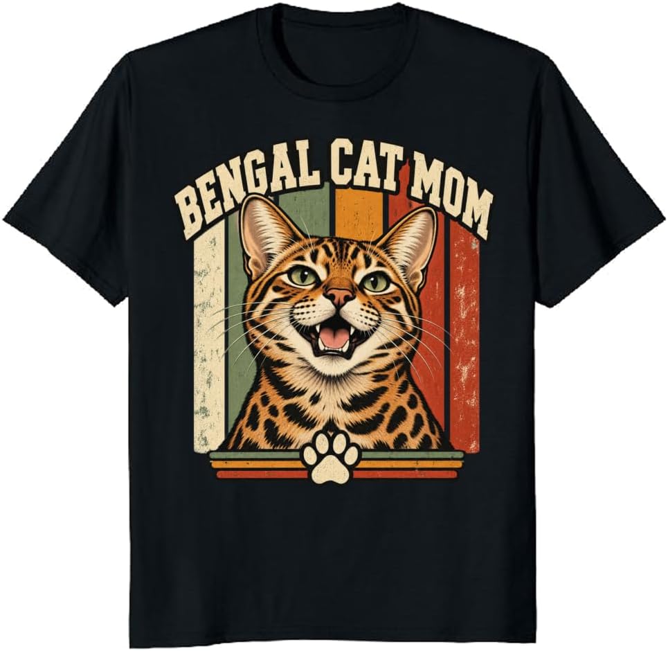 Cat Mom T-Shirt Retro Botanical Bengal Cat Floral Graphic Tee - S7