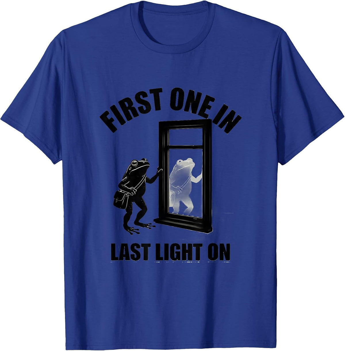 Men's First One In, Last Light On Funny Teacher Frog Back T-Shirt - Royal Blue