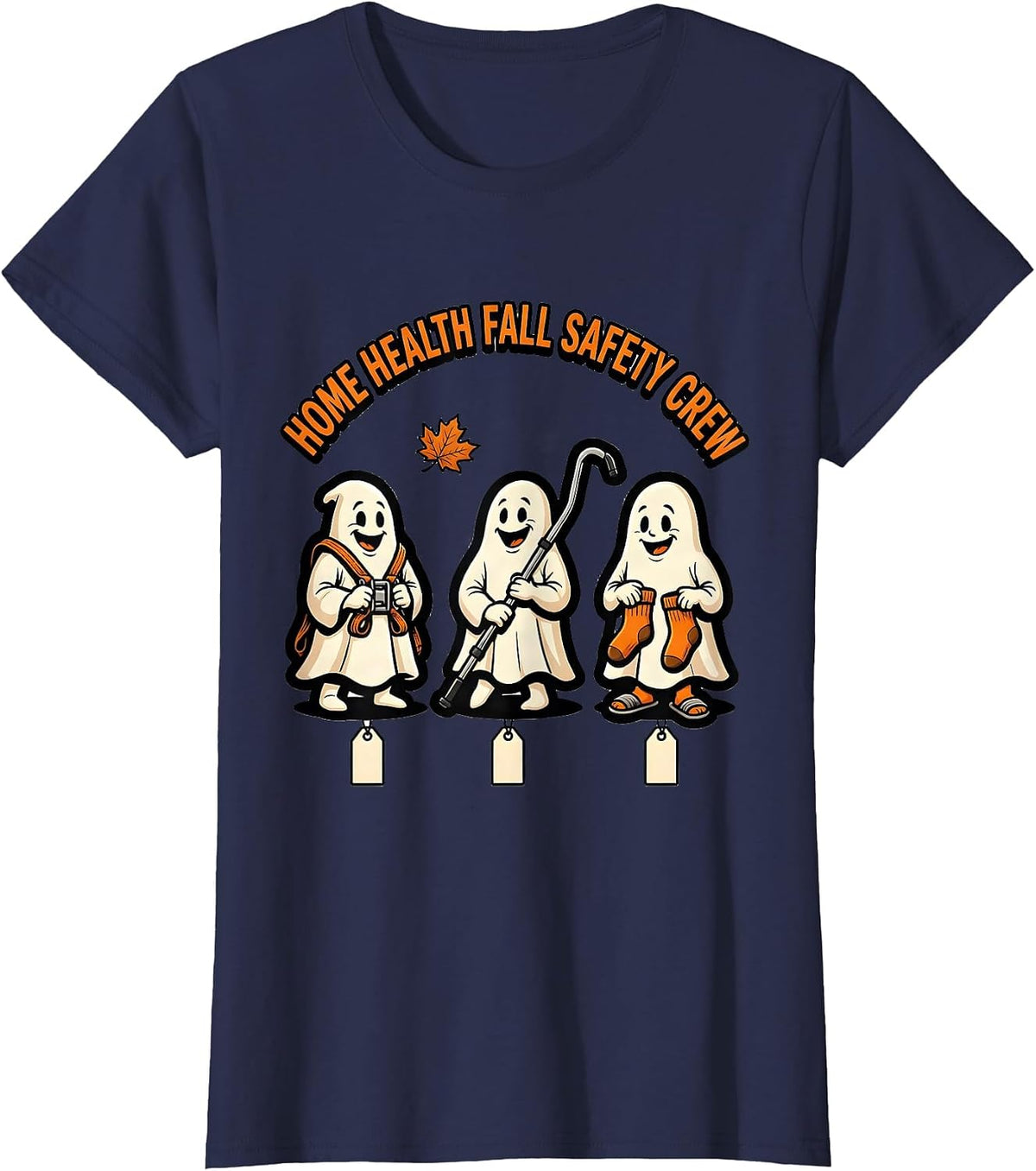 Women's Home Health Fall Safety Crew Funny Ghost Fall Prevention T-Shirt - Navy Blue