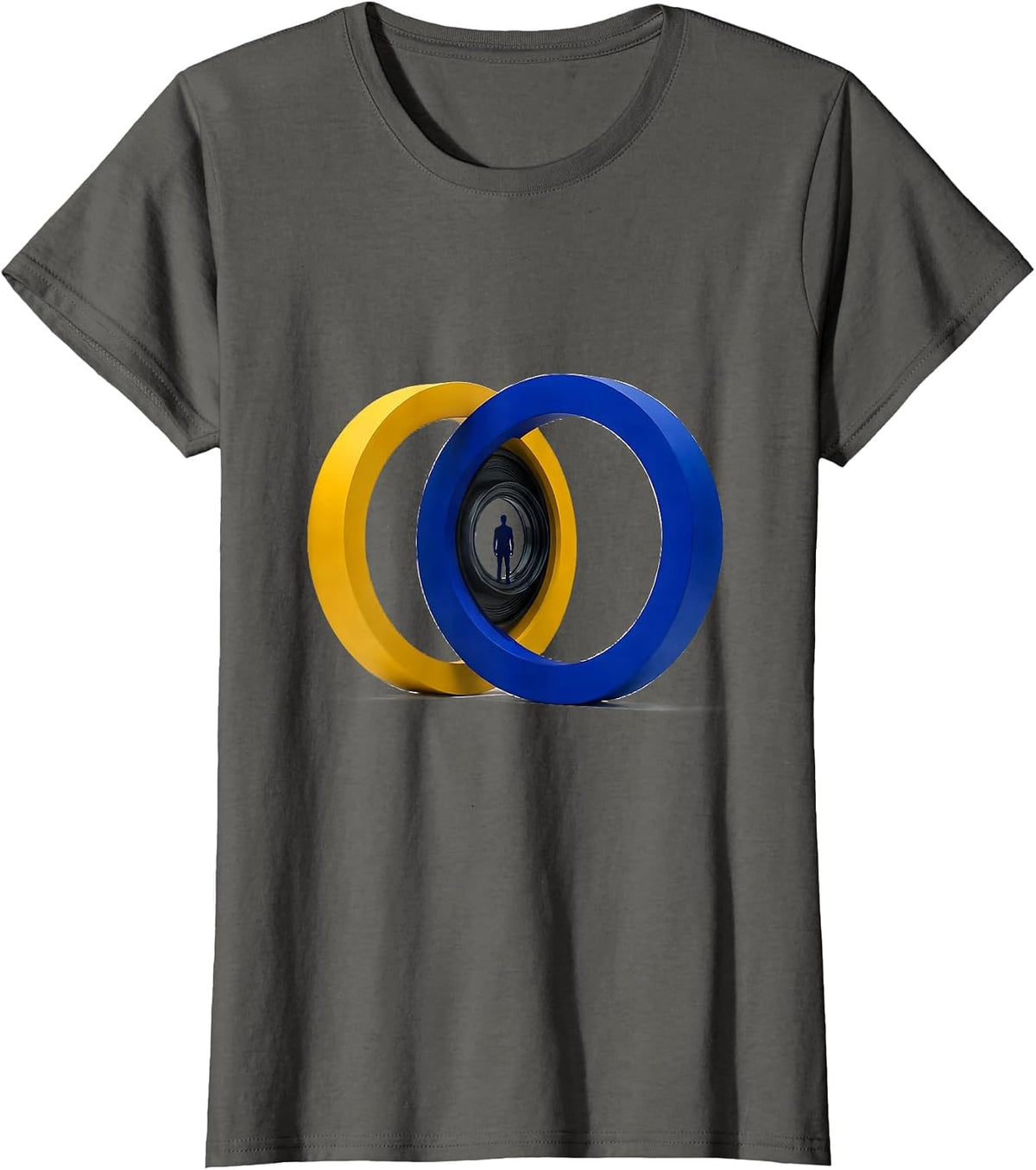 Women's Yellow and Blue Open Rings Down Syndrome Awareness Support T-Shirt - Asphalt Grey