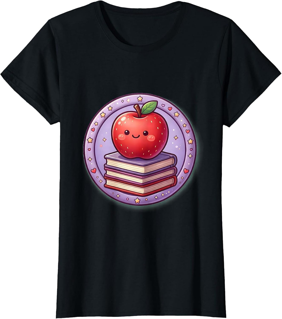 4th Grade Teacher Apple and Books Illustration T-Shirt - Black